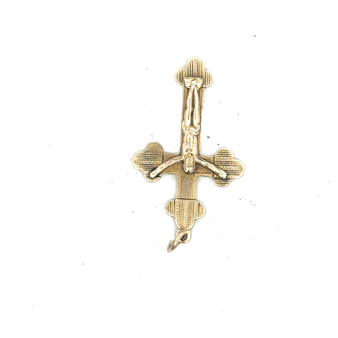 9ct yellow gold cross pendant, unbranded, weight 2.7g, featuring a classic design with smooth finish and detailed edges.