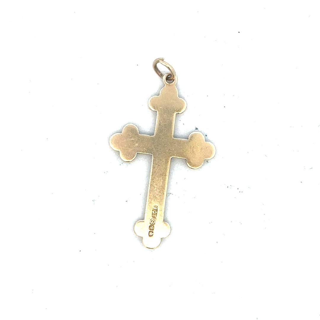9ct yellow gold cross pendant with a sleek design, weighs 2.7g, showcasing a classic religious jewelry style.