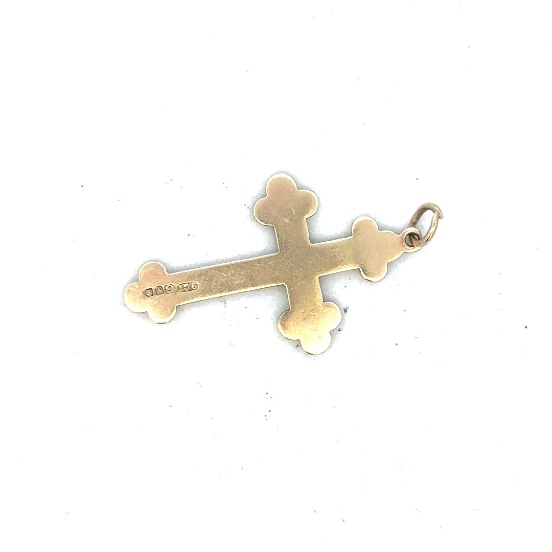 9ct yellow gold cross pendant, unbranded, weighing 2.7g, with detailed cross design and polished finish.