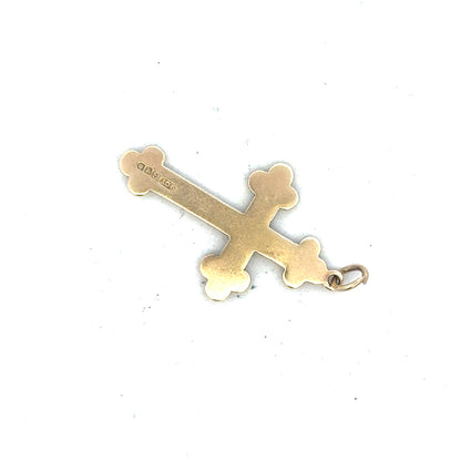 9ct yellow gold cross pendant, unbranded, weighing 2.7g, featuring a simple cross design with polished finish.