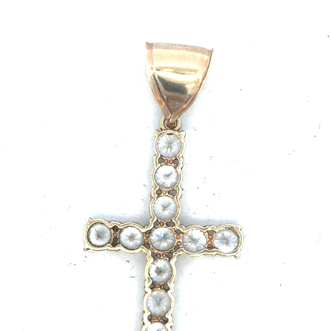 9ct yellow gold cross pendant weighing 5.1g, unbranded jewelry with a classic religious design, shown on a white background.