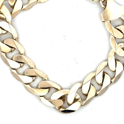 9ct yellow gold curb bracelet, unbranded, weighing 55g, featuring classic linked design with a polished finish.