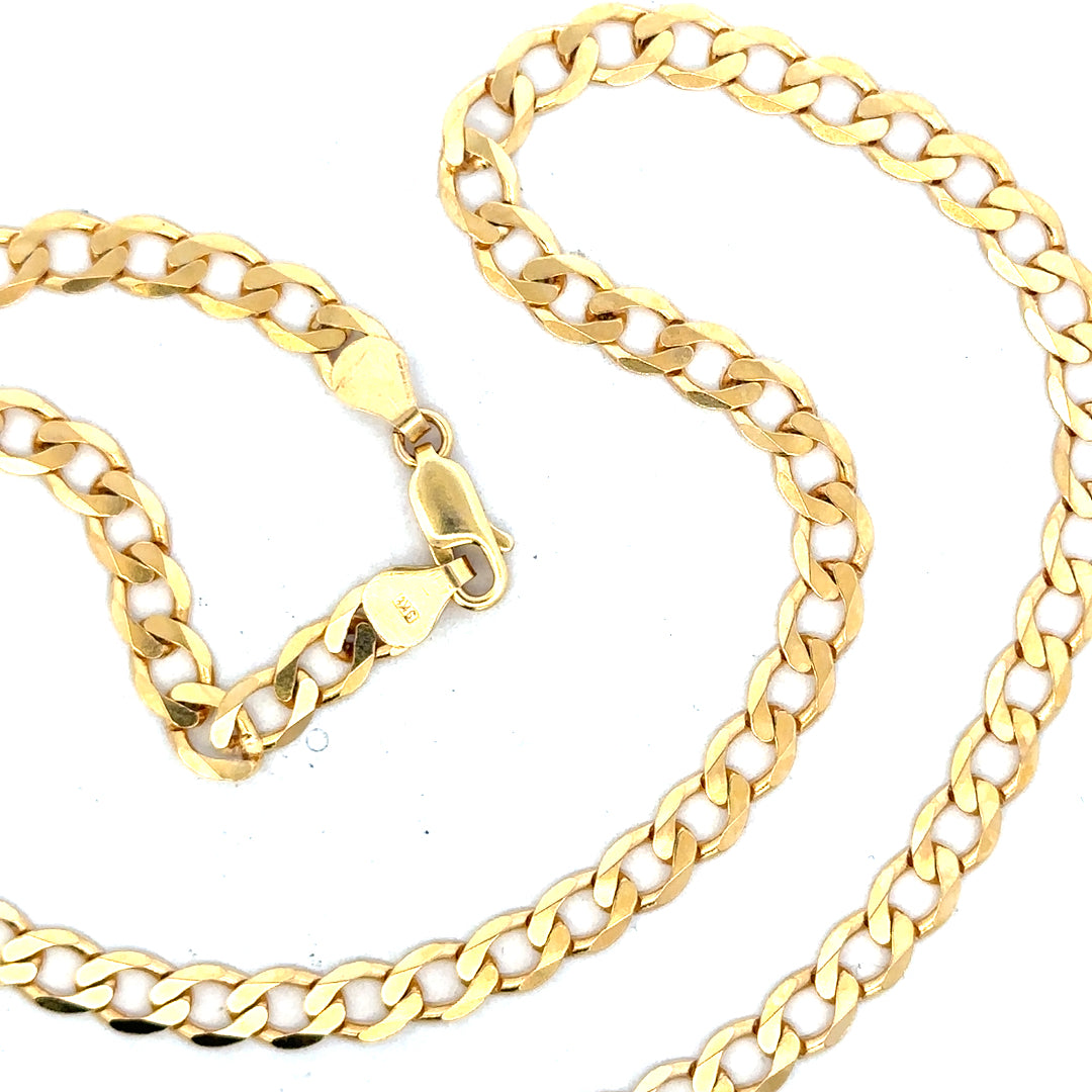9ct yellow gold curb chain weighing 14.7g, unbranded jewelry chain with a classic curb link design.