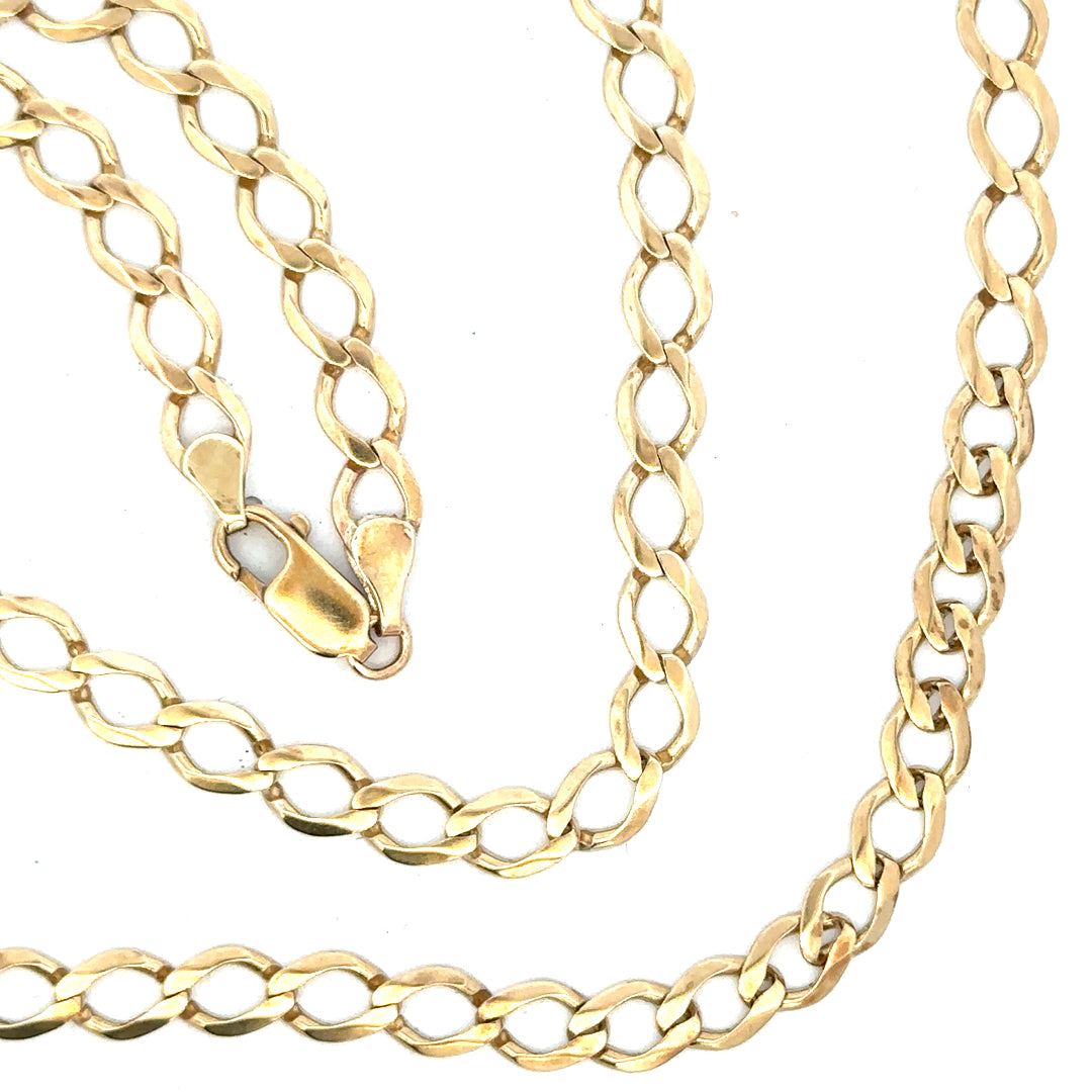 9ct yellow gold curb chain, unbranded, showcases a sturdy design with a polished finish, weighs 16.3 grams.