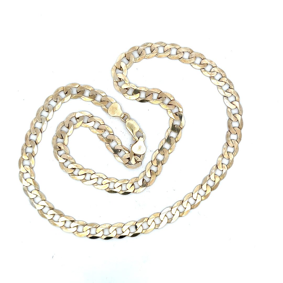 9ct yellow gold curb chain, unbranded, weighing 25.8g, featuring a classic design with interlocking links.