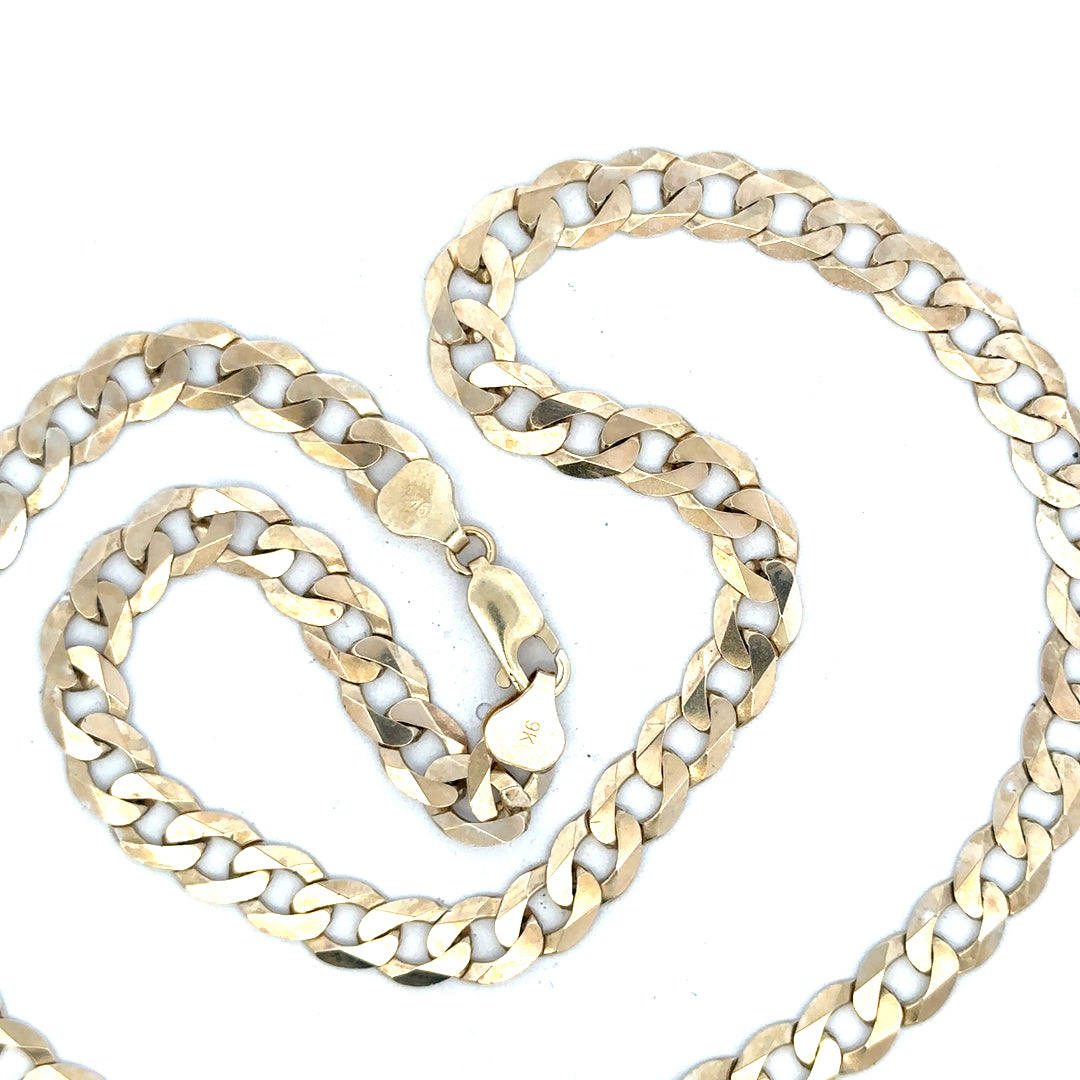 9ct yellow gold curb chain weighing 25.8g, unbranded jewelry chain with classic curb link design, shown in a close-up image.