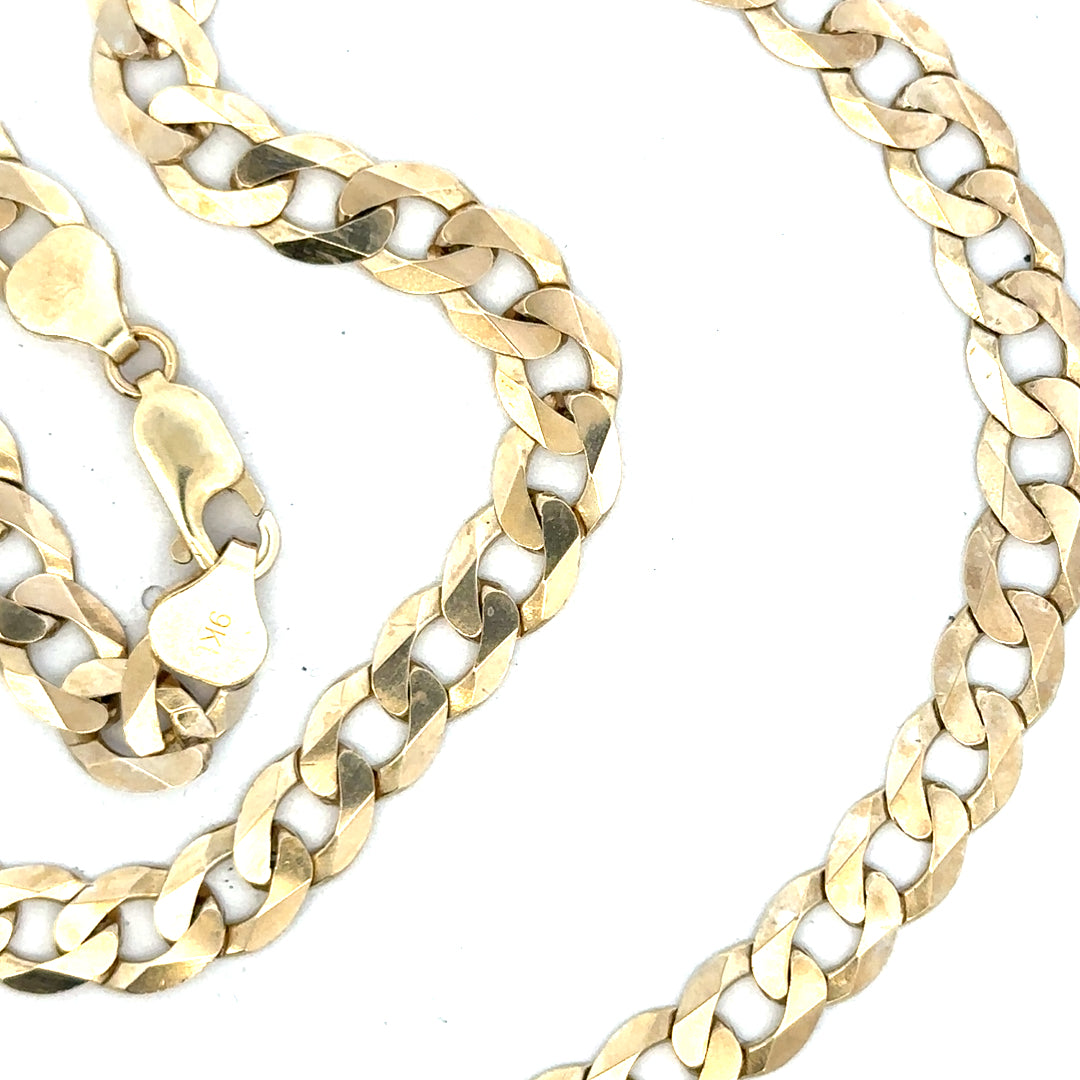 9ct yellow gold curb chain with a sturdy design, weighing 25.8g, featuring classic gold jewelry craftsmanship.