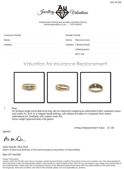 9ct yellow gold diamond ring with a sleek band and sparkling diamonds, displayed on a neutral background