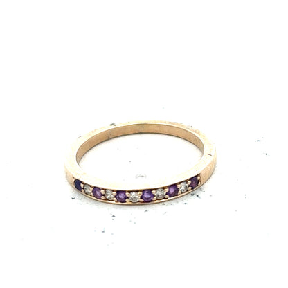 9ct yellow gold ring featuring diamonds and amethyst gemstone, size N, unbranded jewelry accessory.
