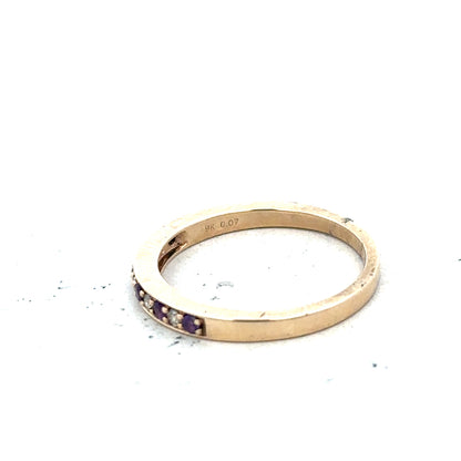 9ct yellow gold diamond and amethyst ring in size N, featuring a vibrant amethyst gemstone and sparkling diamonds.