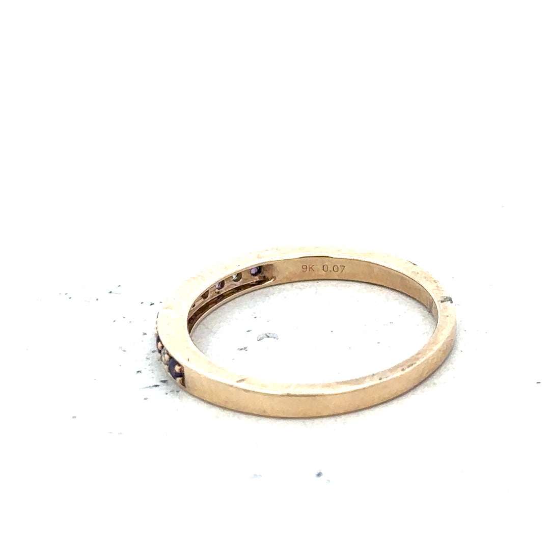 9ct yellow gold ring with diamond and amethyst gemstones, size N, featuring a detailed design on a white background.