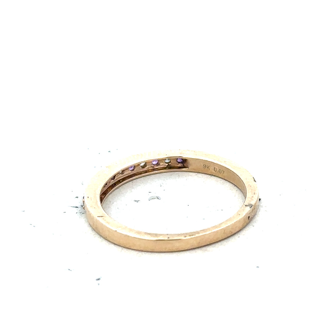 9ct yellow gold ring with diamond and amethyst gemstones, size N, featuring a detailed design and elegant craftsmanship.