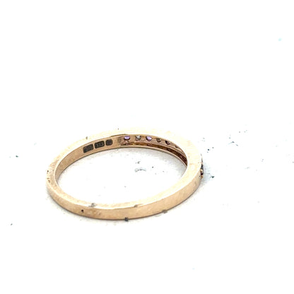 9ct yellow gold ring with diamond and amethyst stones, size N, featuring a detailed design and a polished finish.