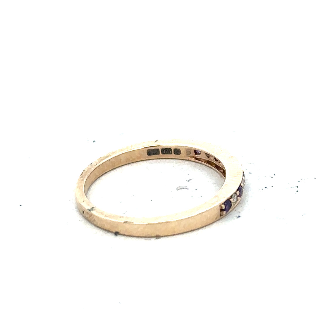 9ct yellow gold ring with diamonds and amethyst, size N, featuring a detailed design and vibrant gemstone accents.