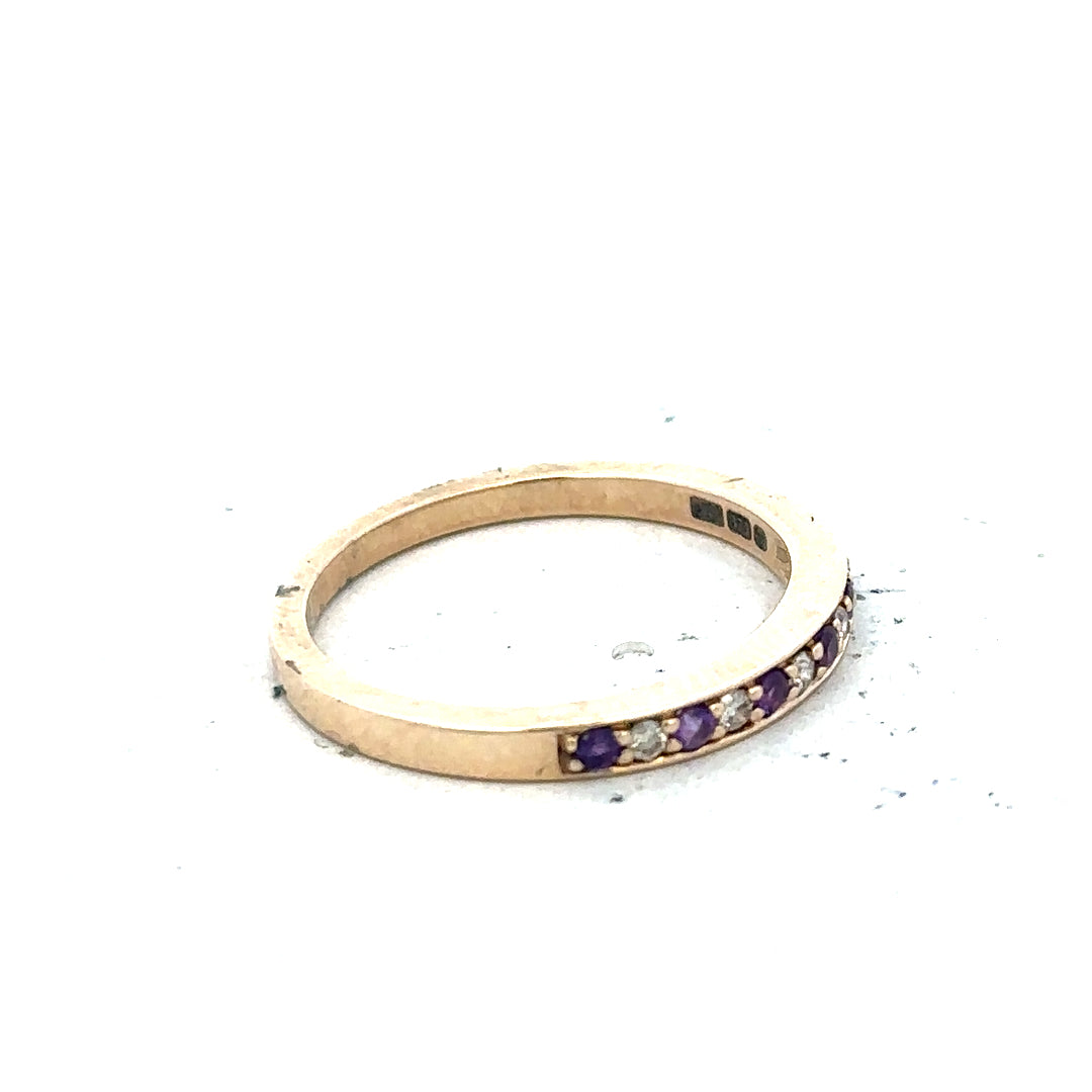 9ct yellow gold ring with diamond and amethyst gemstones, size N, featuring a detailed design and polished finish.