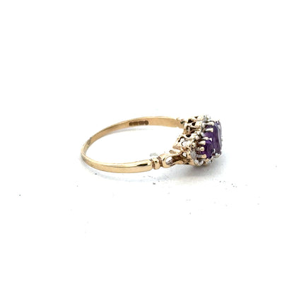 9ct yellow gold ring with diamond and amethyst gemstones, size Q, showcasing elegant jewelry design and vibrant gemstone details.