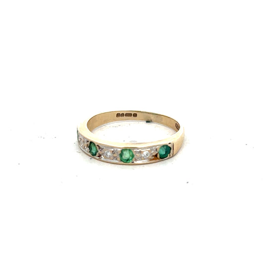 9ct yellow gold ring with diamonds and emeralds, size K, featuring detailed gemstone settings and elegant design.