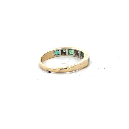 9ct yellow gold ring with diamond and emerald accents, size K, featuring intricate design and sparkling gemstones.