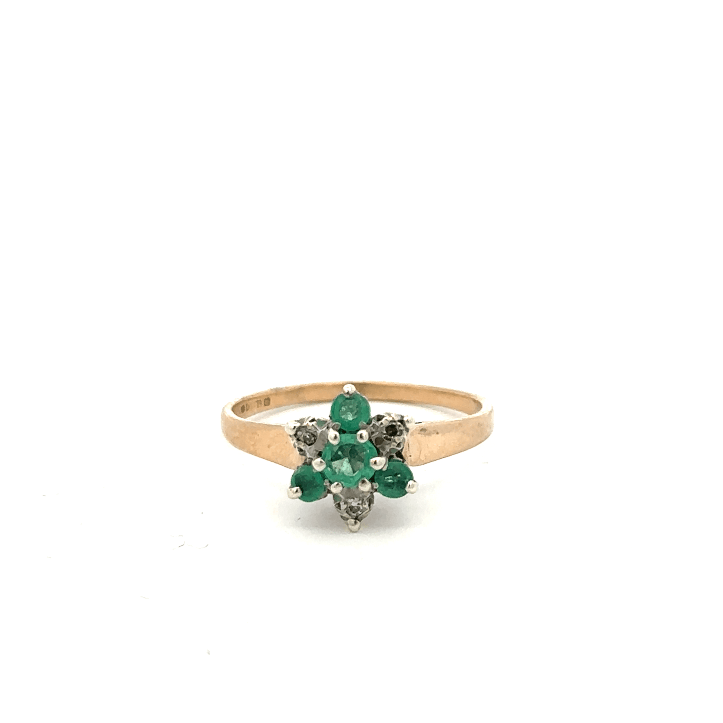 9ct yellow gold ring with diamond and emerald accents, size O, featuring a detailed gemstone design.