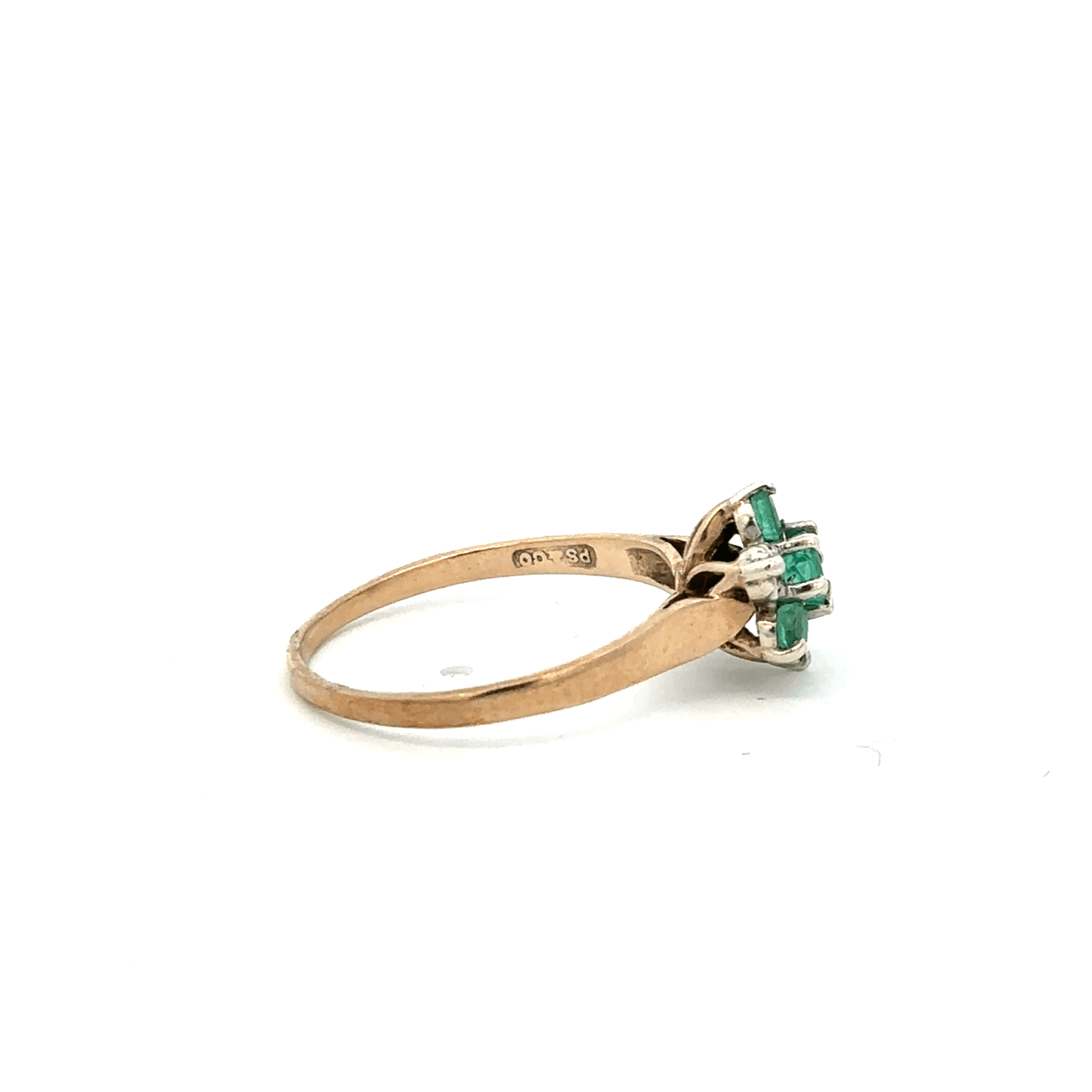 9ct yellow gold diamond and emerald ring in size O, featuring a central emerald with surrounding diamonds.