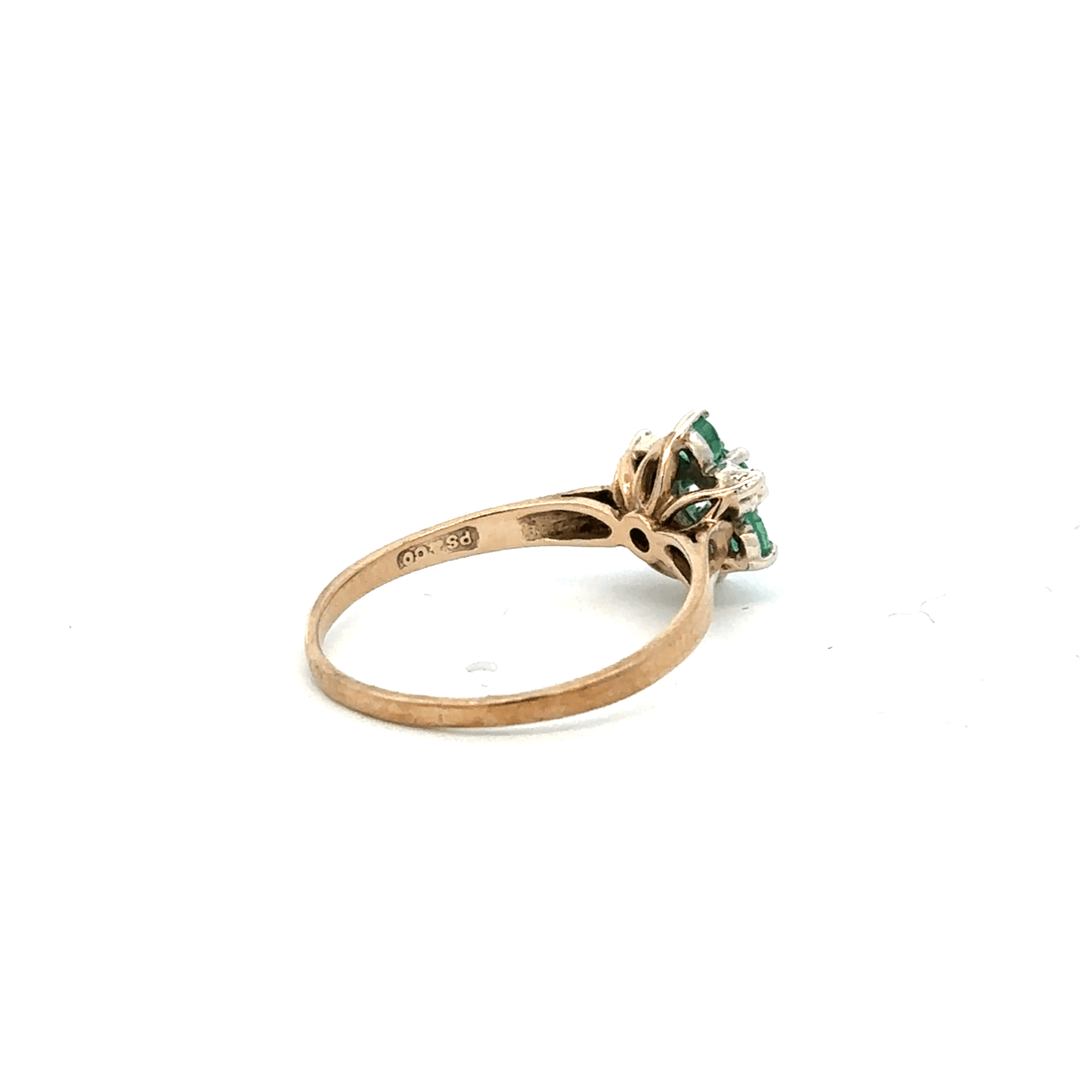 9ct yellow gold ring with diamond and emerald accents, size O, featuring a detailed design and gemstone setting.