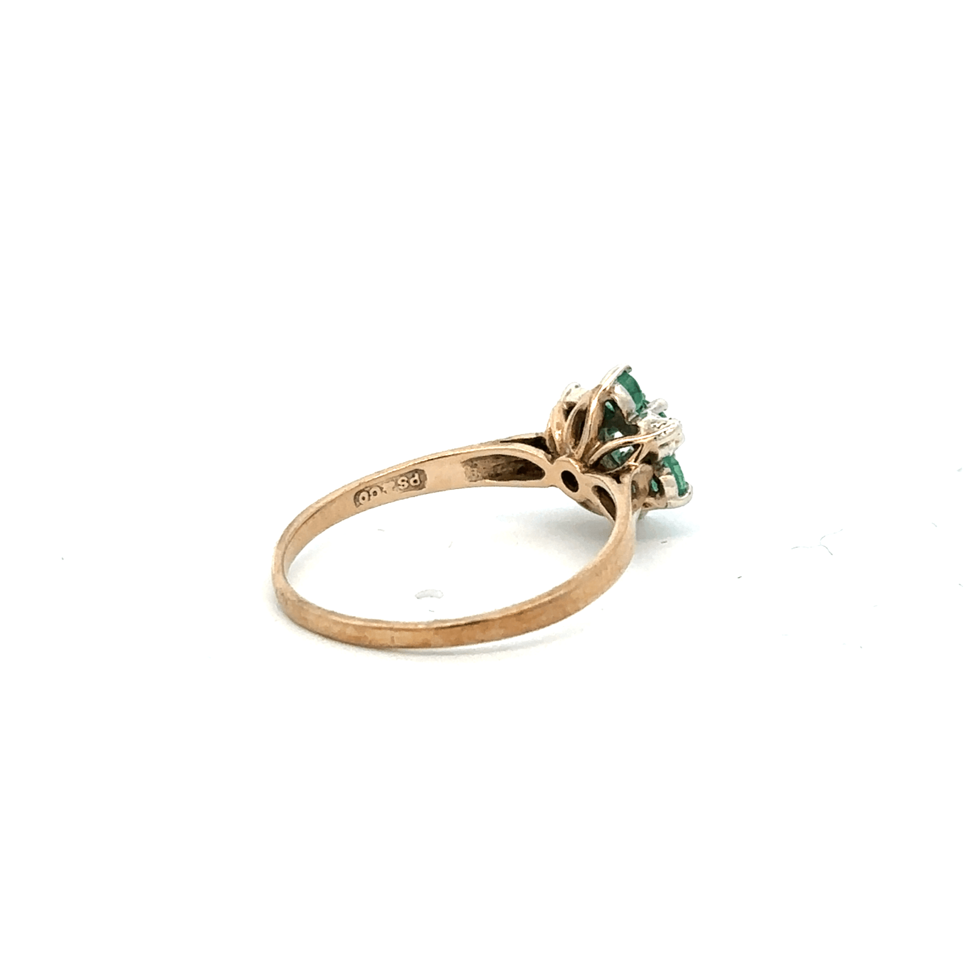 9ct yellow gold ring with diamond and emerald accents, size O, featuring a detailed design and gemstone setting.