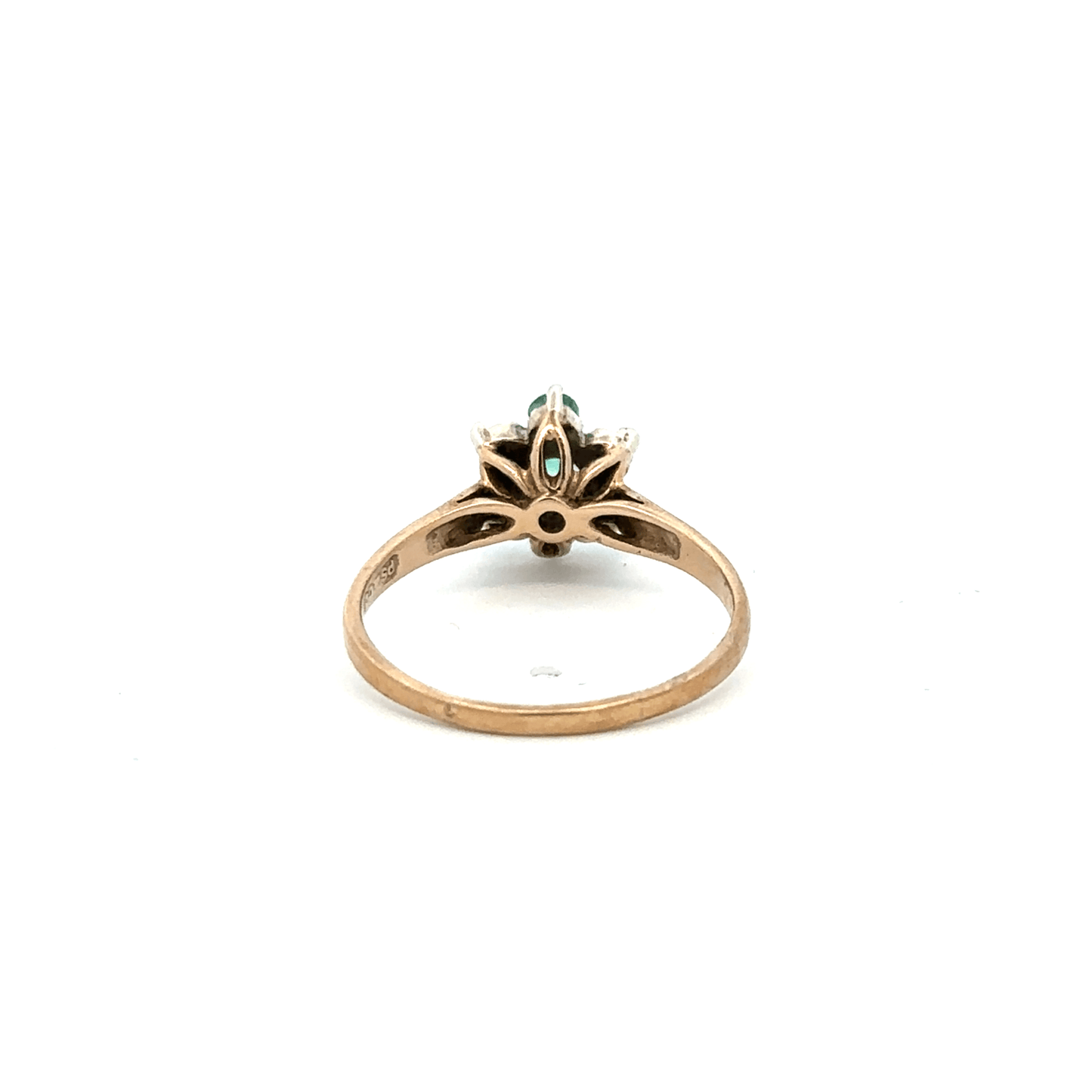 9ct yellow gold ring with diamond and emerald stones, size O, featuring a detailed design on a plain background.