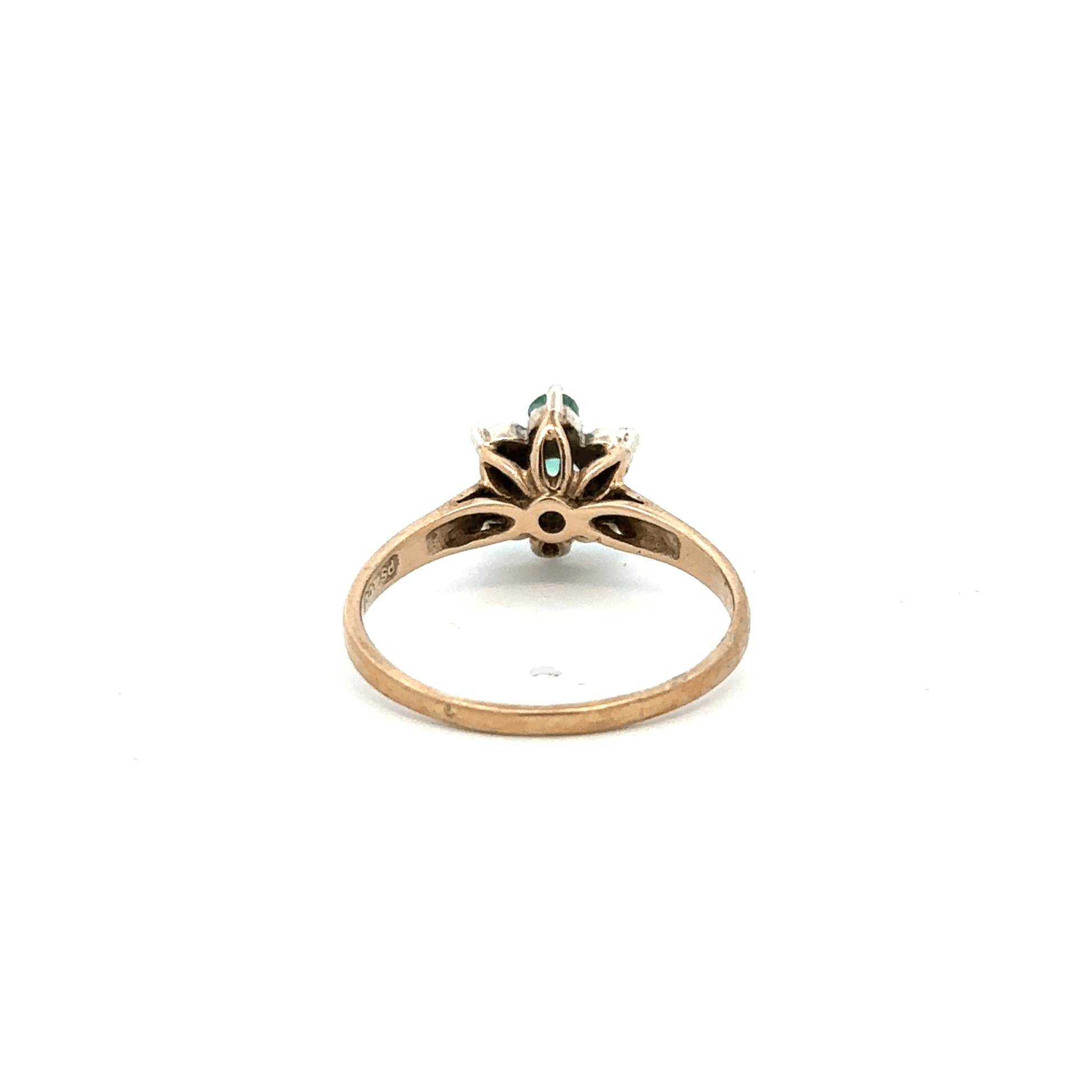9ct yellow gold ring with diamond and emerald stones, size O, featuring a detailed design on a plain background.