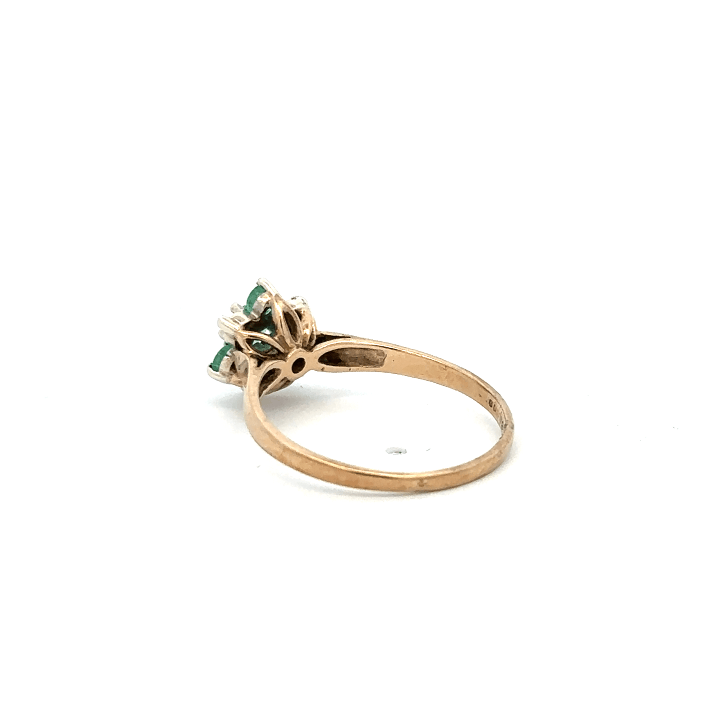 9ct yellow gold ring with diamond and emerald stones, size O, featuring intricate design and sparkling gemstones.