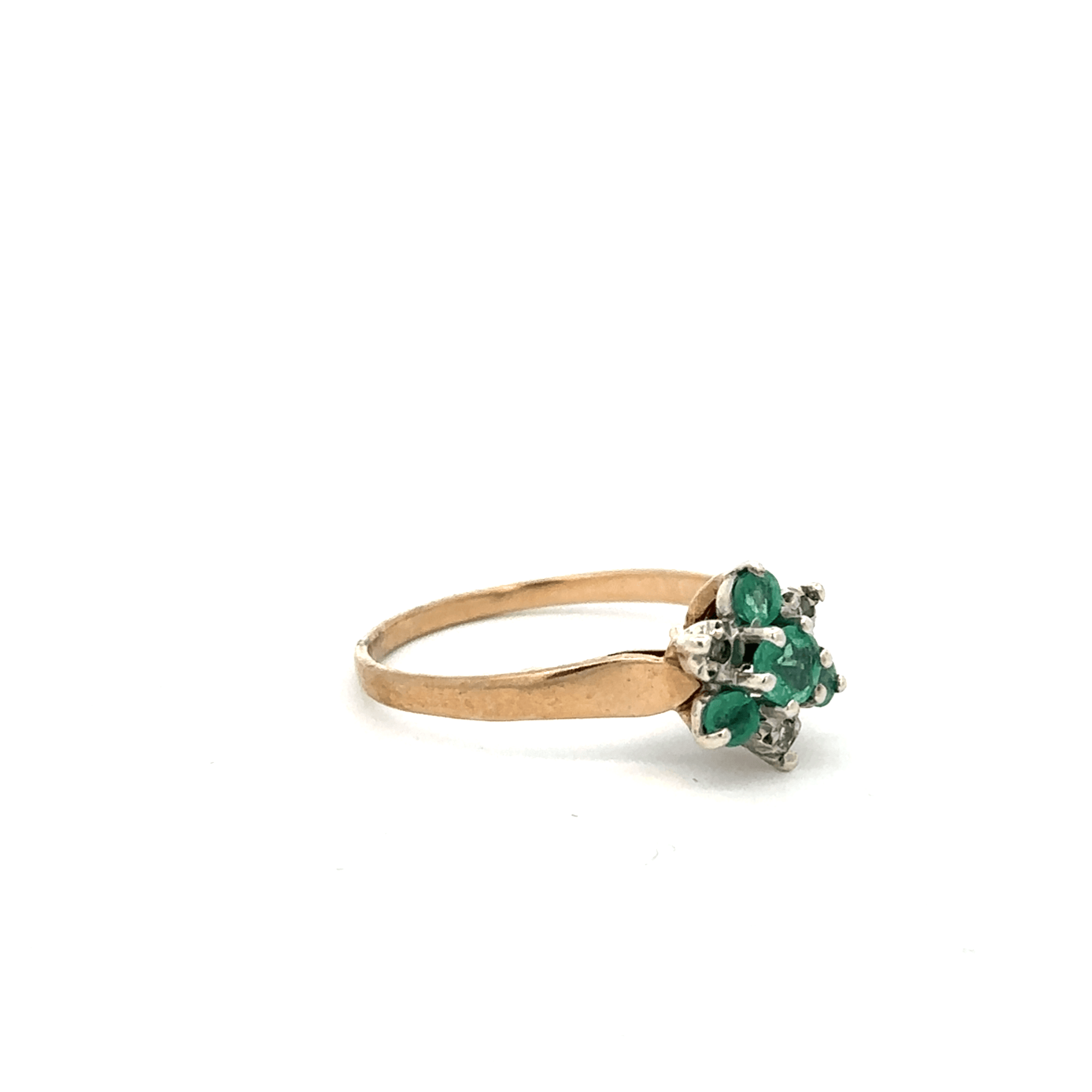9ct yellow gold ring with diamond and emerald accents, size O, unbranded jewelry accessory.