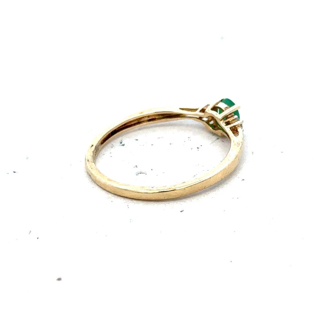 9ct yellow gold ring with diamonds and emeralds, size S, featuring intricate jewelry design and unbranded craftsmanship.