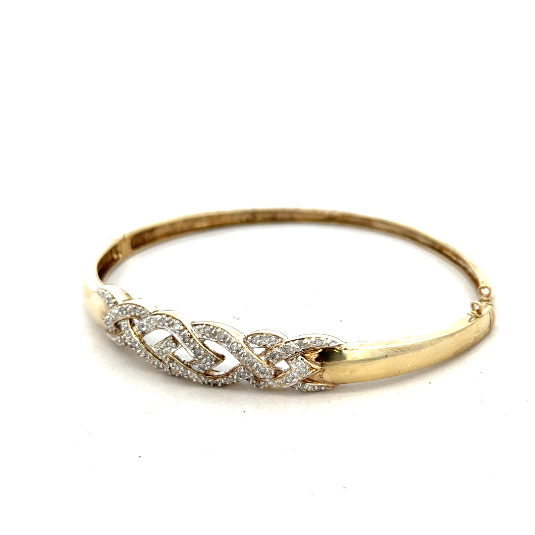 9ct yellow gold diamond bangle bracelet with delicate design, weighs 10g, unbranded, elegant jewelry for special occasions