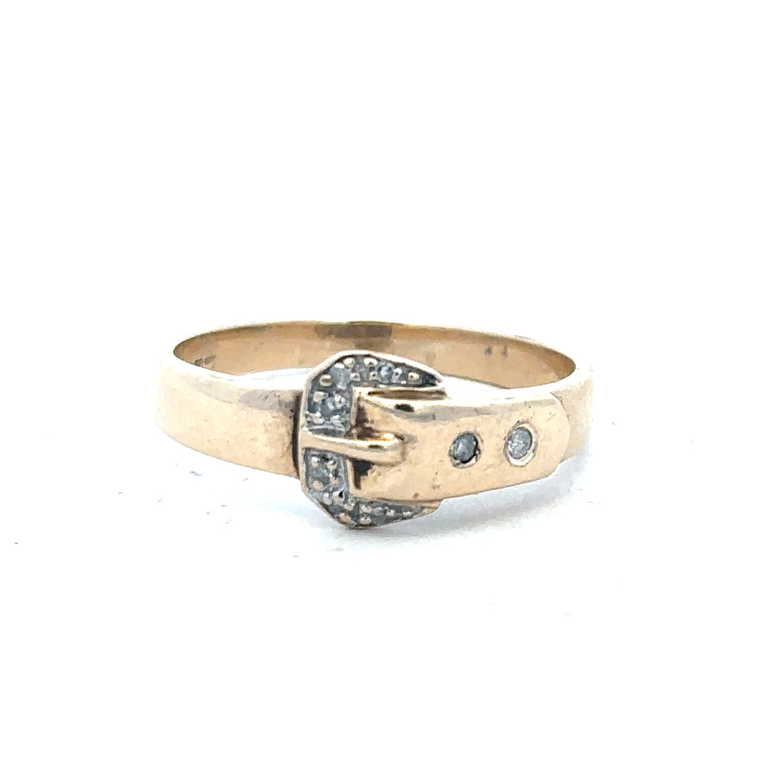 9ct yellow gold diamond buckle ring in size R, featuring a sparkling diamond accent and elegant design.
