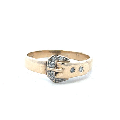 9ct yellow gold diamond buckle ring in size R, featuring a sparkling diamond accent and elegant design.