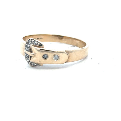 9ct yellow gold diamond buckle ring in size R with sparkling diamonds, unbranded jewelry accessory.