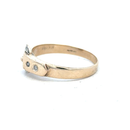 9ct yellow gold diamond buckle ring in size R featuring a sleek design and sparkling diamonds.