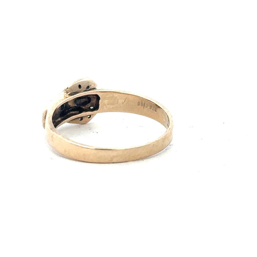 9ct yellow gold diamond buckle ring in size R featuring a stylish design with sparkling diamonds.