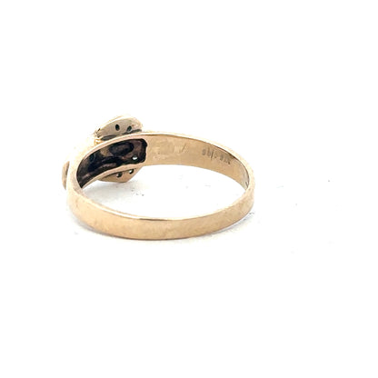 9ct yellow gold diamond buckle ring in size R featuring a stylish design with sparkling diamonds.