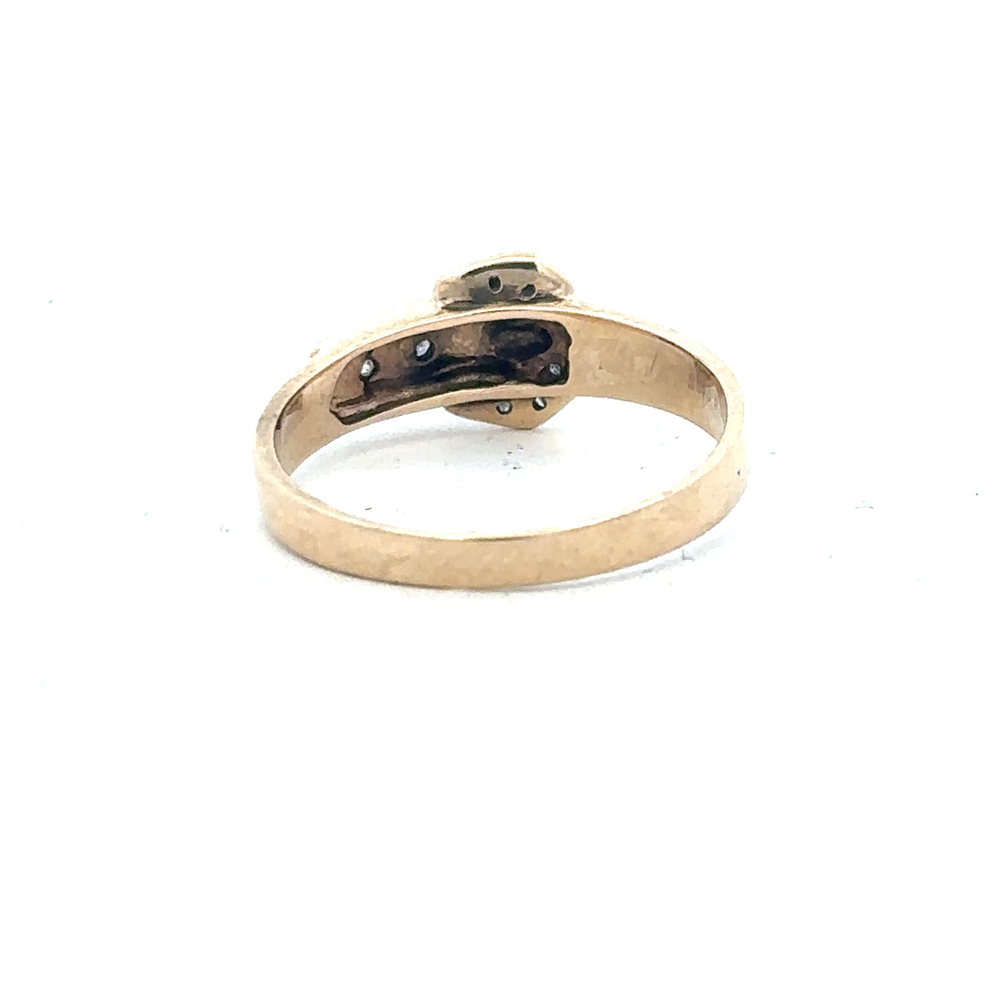 9ct yellow gold diamond buckle ring in size R, featuring a stylish gold band with a diamond accent.