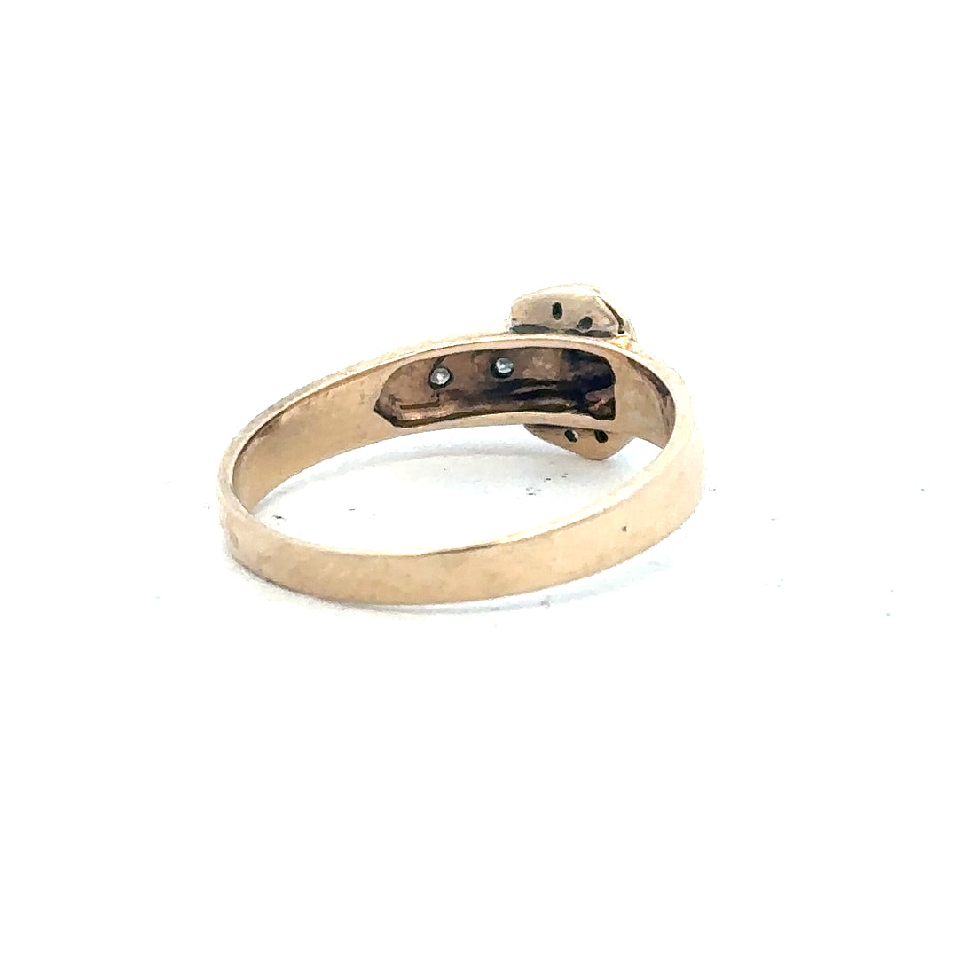 9ct yellow gold diamond buckle ring in size R with sparkling diamonds, unbranded jewelry design.