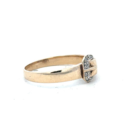 9ct yellow gold diamond buckle ring in size R with sparkling diamonds, featuring a stylish buckle design.