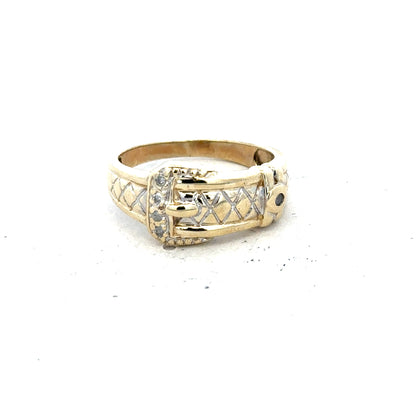 9ct yellow gold diamond buckle ring in size R, featuring a sleek design with sparkling diamonds, unbranded jewelry accessory.