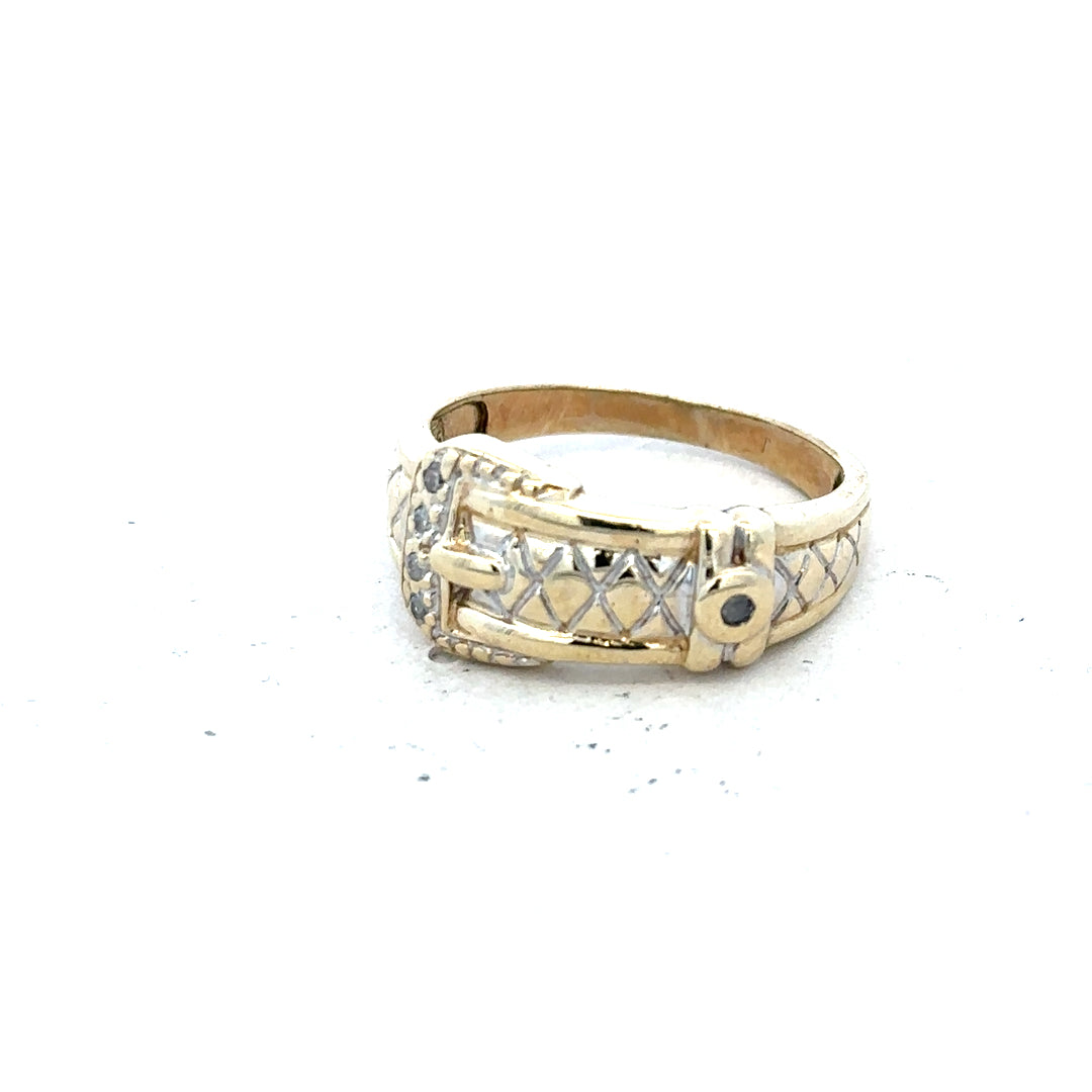 9ct yellow gold diamond buckle ring, size R, featuring a sparkling diamond detail and a sleek gold band.