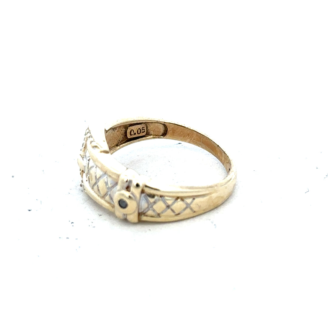 9ct yellow gold diamond buckle ring in size R, showcasing a sleek design with sparkling diamonds on a polished gold band.