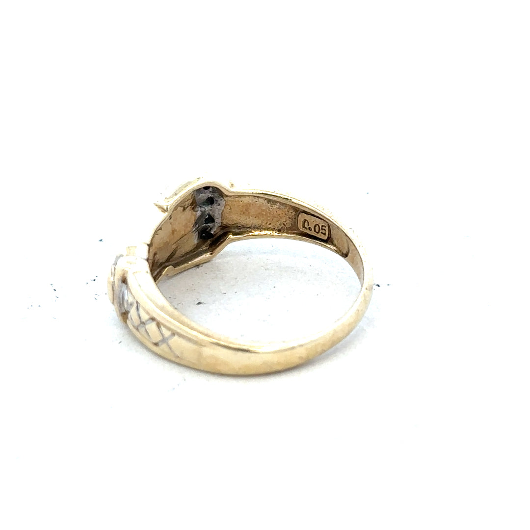 9ct yellow gold diamond buckle ring in size R, featuring a polished gold band with a decorative diamond buckle detail.