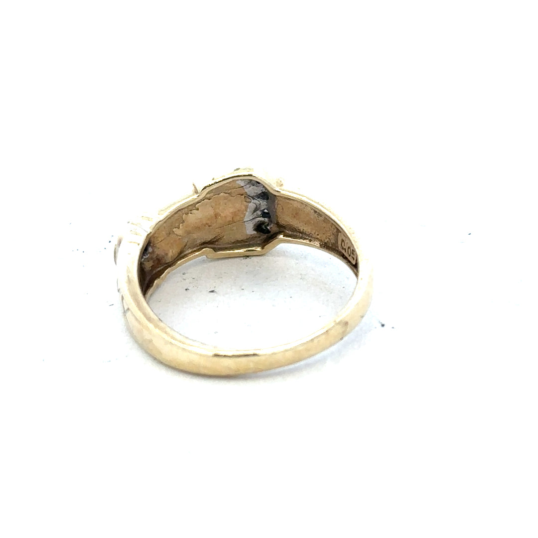 9ct yellow gold diamond buckle ring in size R with sparkling diamonds, showcasing a stylish and elegant jewelry design.