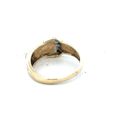 9ct yellow gold diamond buckle ring in size R with sparkling diamonds, showcasing a stylish and elegant jewelry design.