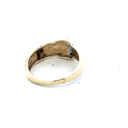 9ct yellow gold diamond buckle ring in size R with a polished finish and sparkling diamond details.