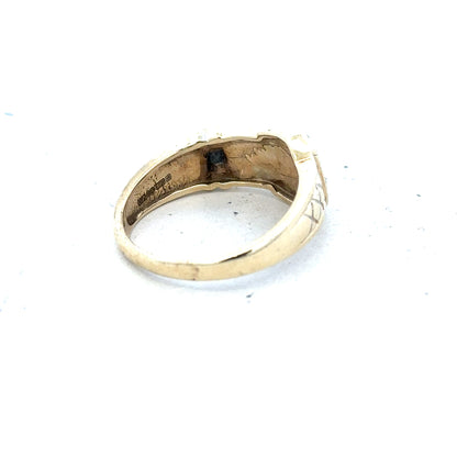 9ct yellow gold diamond buckle ring in size R, featuring a stylish design with sparkling diamonds and a polished finish.