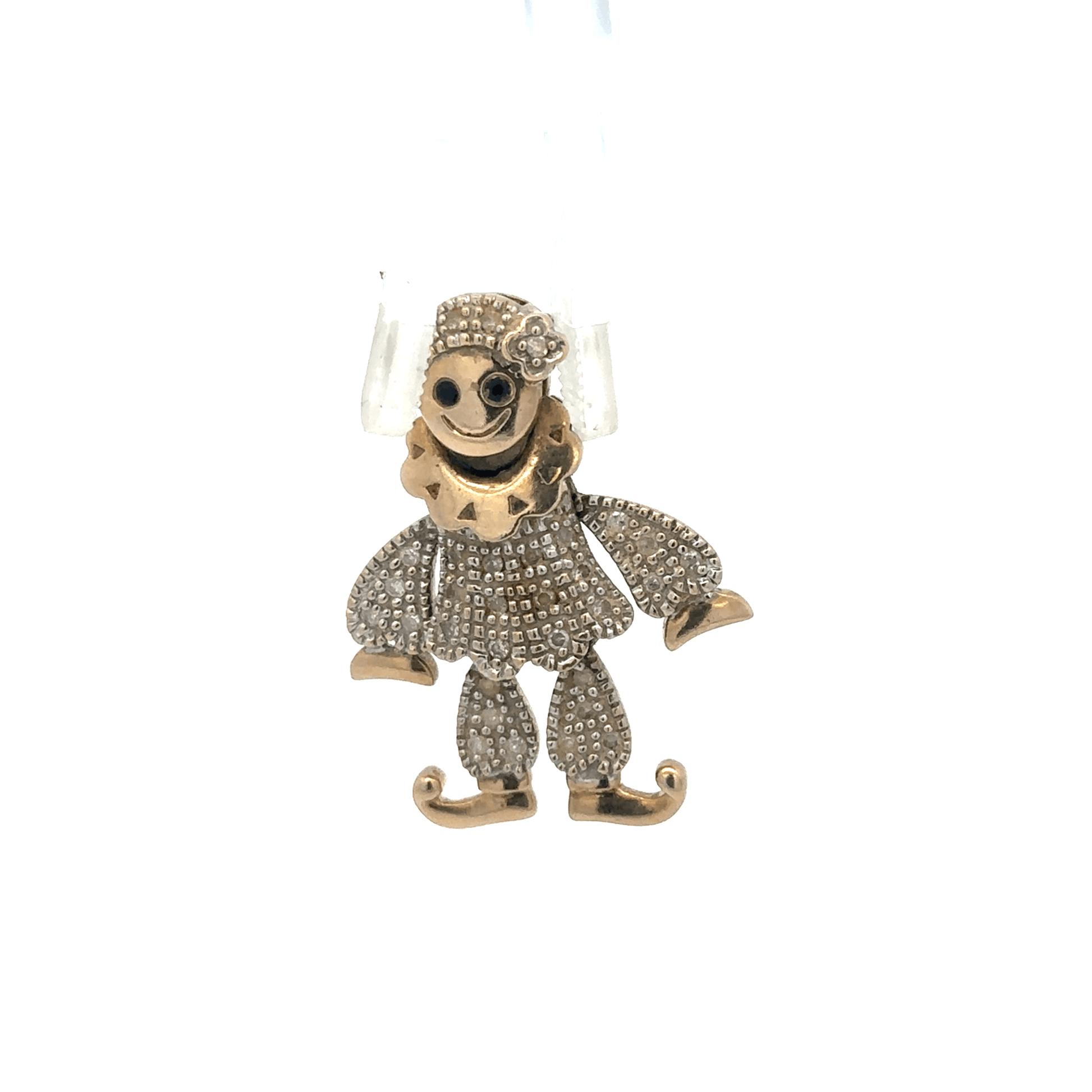 9ct yellow gold diamond clown pendant with detailed design, weighing 5.2g, perfect for a unique jewelry addition.